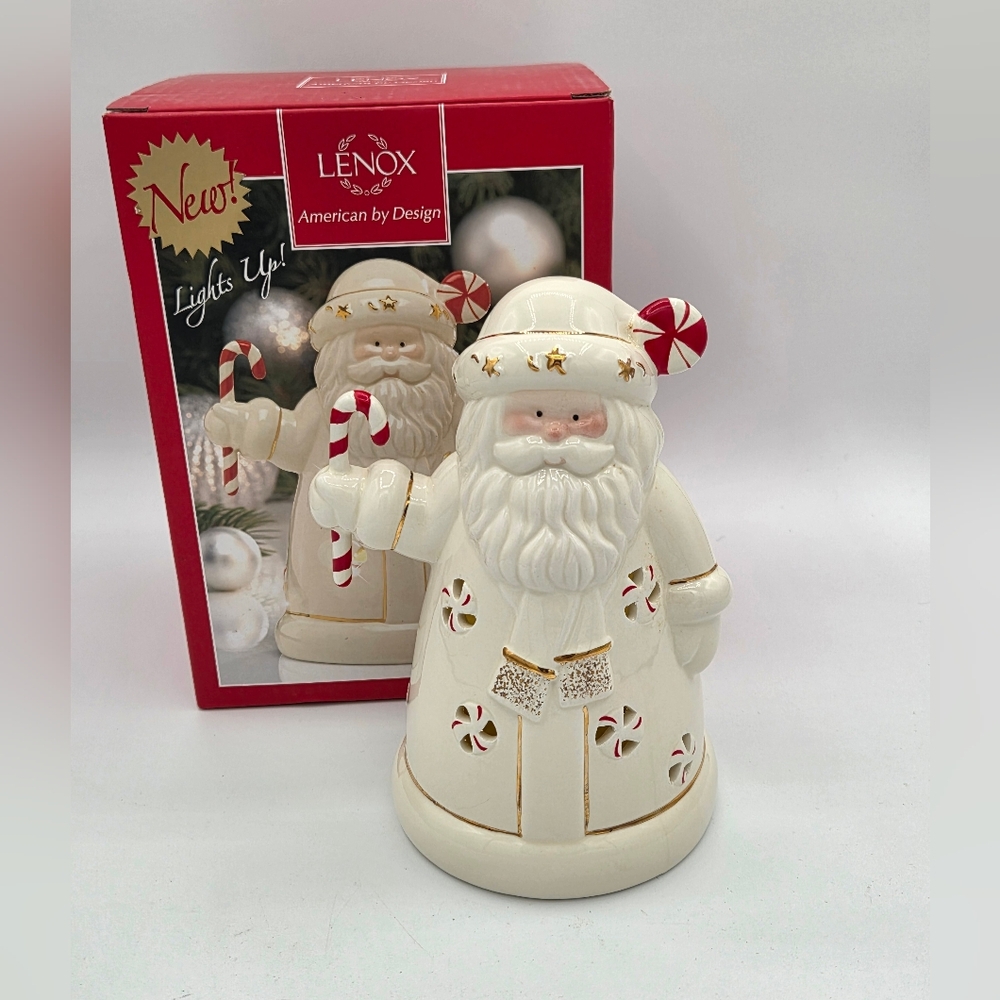 Lenox Seasons Sparkle Lit Santa Claus Figurine Candy Cane Peppermint 6.75"